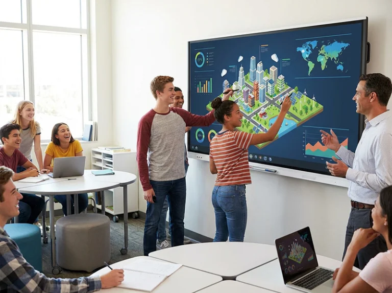 Firefly_Gemini Flash_Lousas digitais inteligentes para aulas interativas 389724